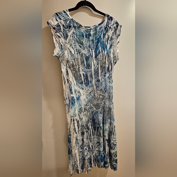 NWOT Reba XL Pleated Rhinestone Blue & White Midi Women's Dress - Picture 2 of 5